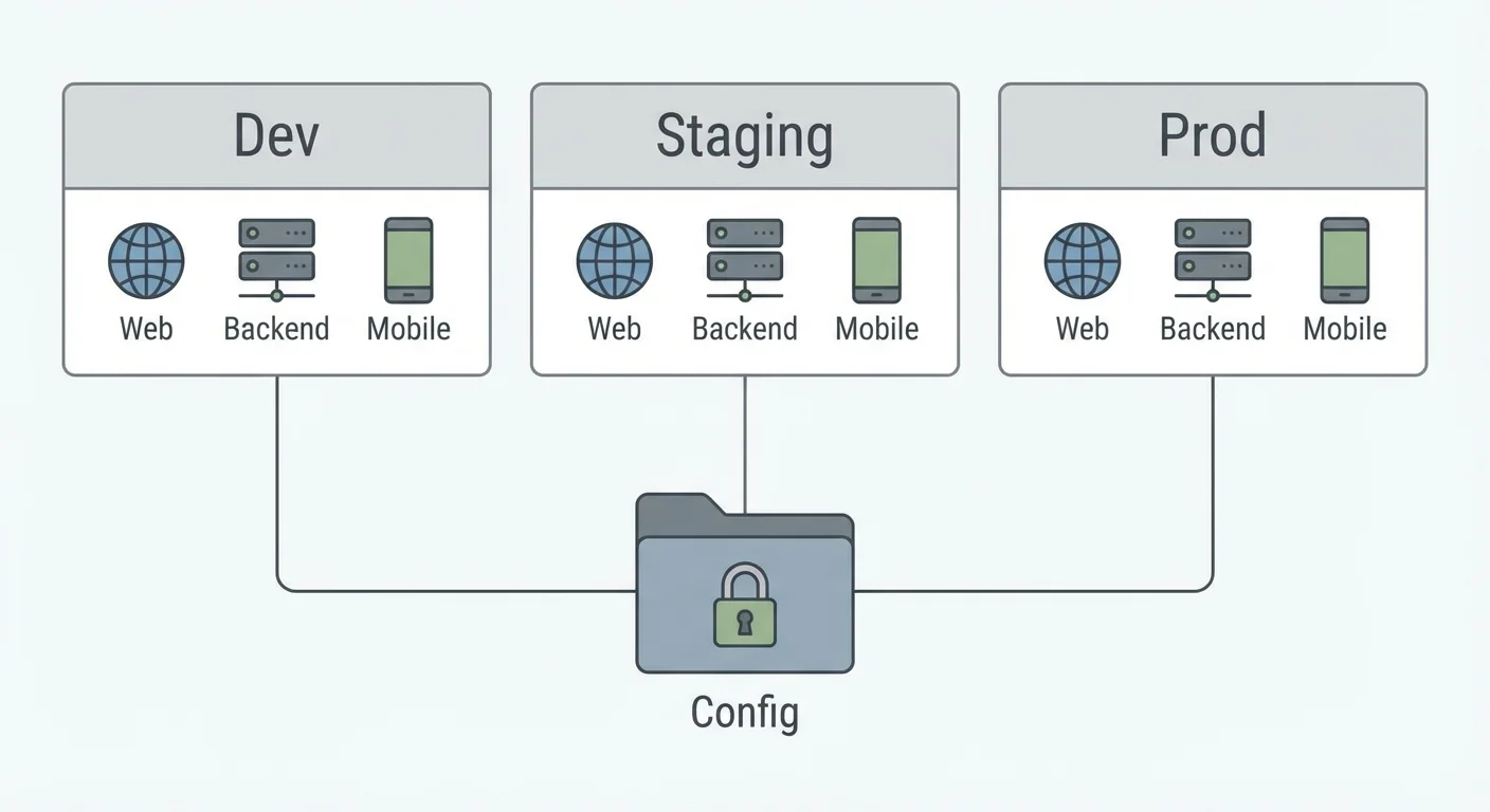 Patrones de configuración de entorno para dev, staging y prod | Koder.ai