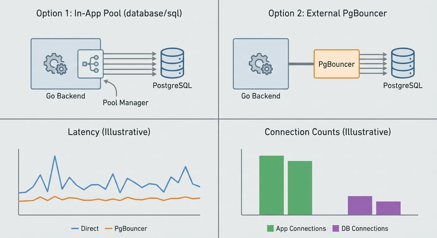 Pool de conexiones en PostgreSQL: en la aplicación vs PgBouncer | Koder.ai