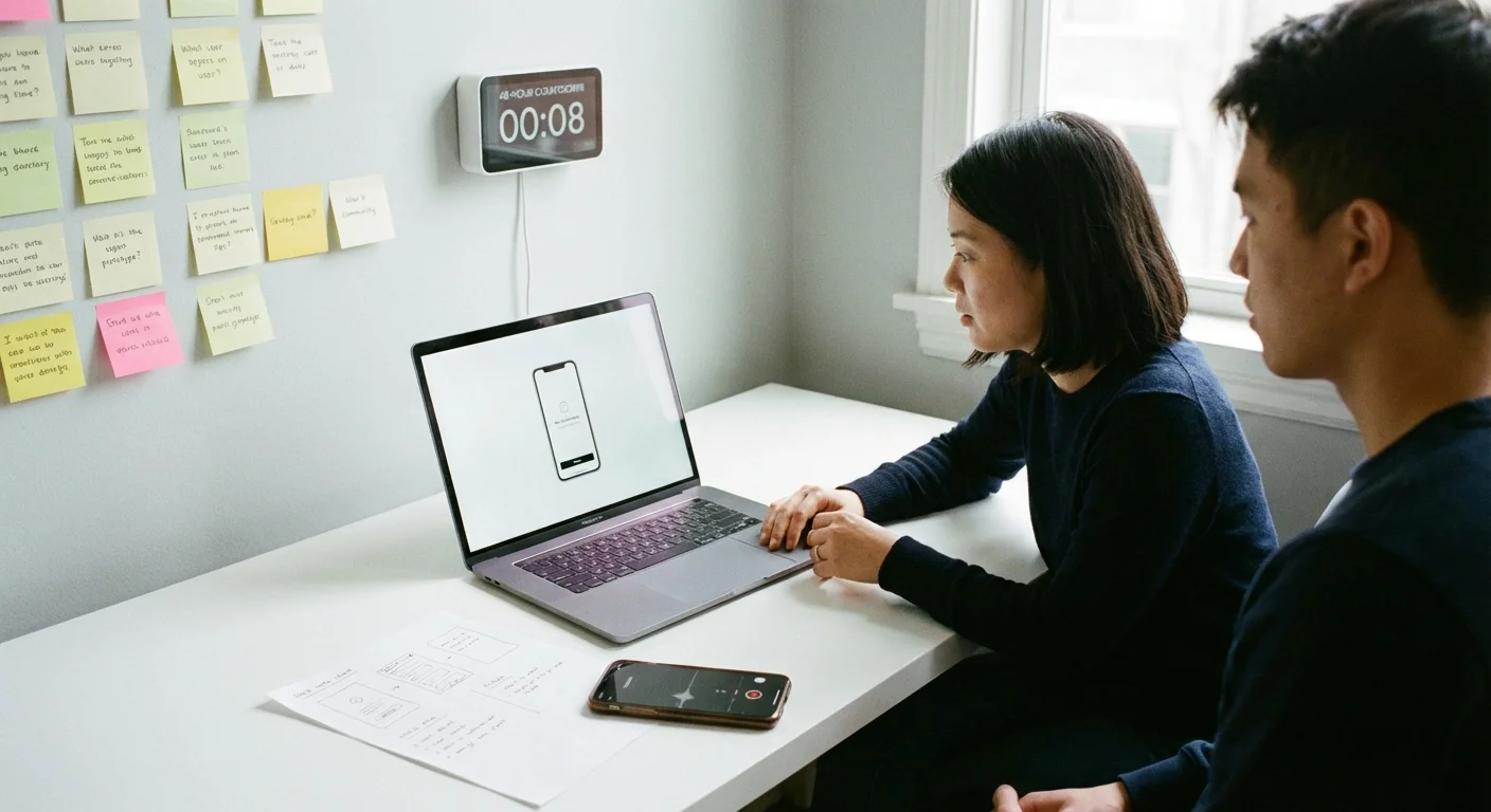 User testing session reviewing a functional product prototype on a laptop