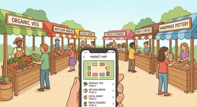 Farmers market vendor list with a phone-friendly booth map