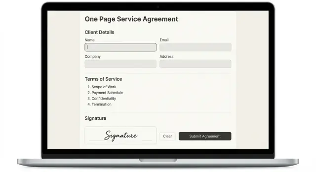 One-page service agreement builder for fast client sign-off