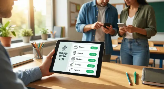 Classroom supplies wish list with claim buttons for families