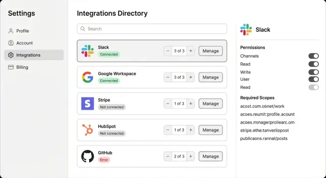 Integrations directory design that scales from 3 to 30 apps