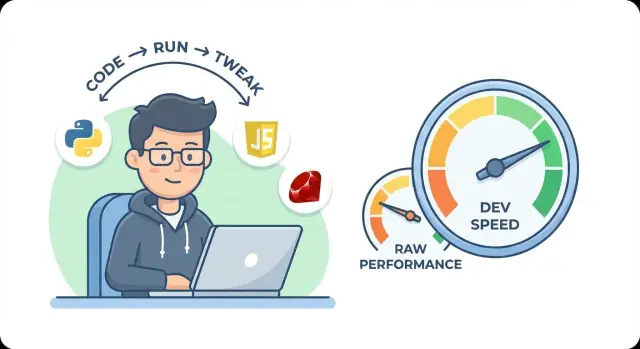 कैसे व्याख्यित भाषाएँ गति की बजाय तेज़ विकास को प्राथमिकता देती हैं