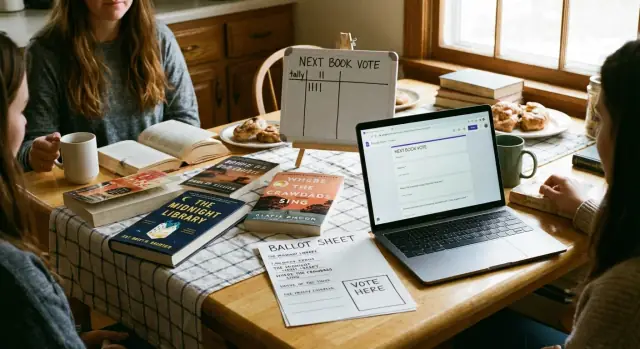 Book club vote for next book: choices, votes, winner
